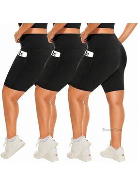 3 Pack Plus Size Biker Shorts for Women, High Waist Tummy Control with Pockets,